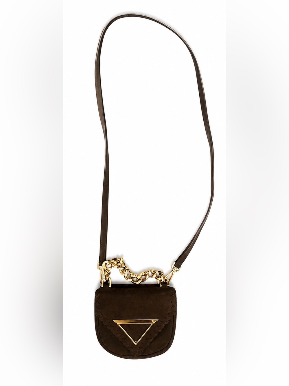 Chocolate Suede Crossbody with Gold Triangle Accent